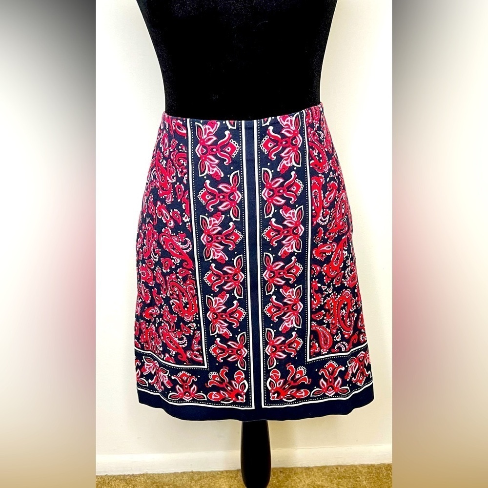 Talbots preppy chic paisley lightweight summer pencil skirt Classic Navy Red 6